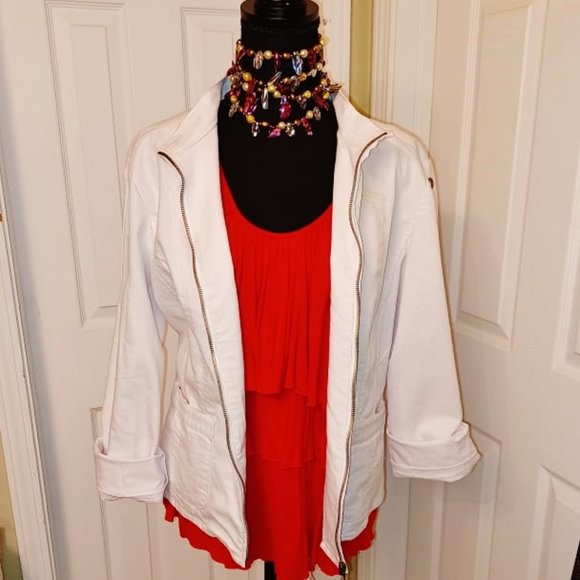OSO Casuals White DENIM Spring Bomber Jacket w/ Metal Rings XL Orig $120+Tax NWD - Picture 3 of 11
